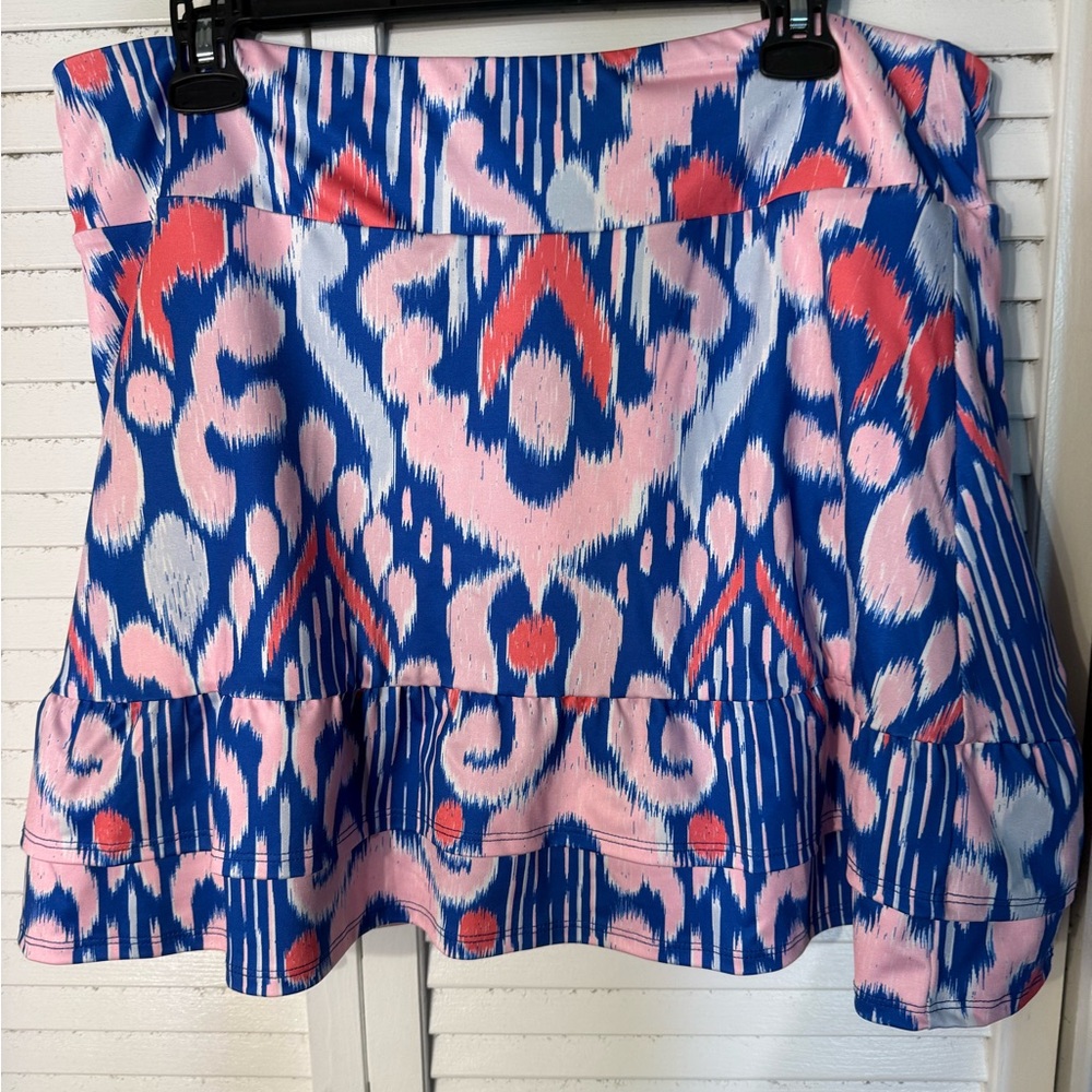 Women’s Crown & Ivy Pull On Stretch pink & Blue Print Ruffle Hem Skort XL